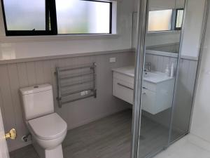 a bathroom with a toilet and a sink and a mirror at Granny Stringer’s Cottage in Roxburgh