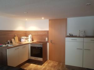 a small kitchen with a sink and a stove at Ferienhaus Am Graseberg in Neinstedt