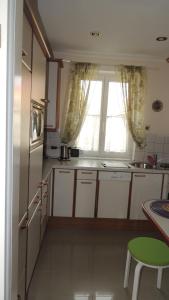 kuchnia z lodówką, stołem i oknem w obiekcie Appartement " Am Fasangarten " w Wiedniu