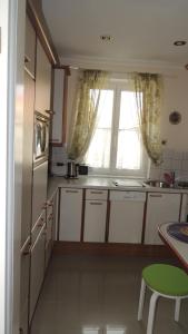 eine Küche mit einem Kühlschrank, einem Tisch und einem Fenster in der Unterkunft Appartement " Am Fasangarten " in Wien