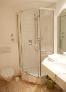 ein Bad mit einer Dusche, einem WC und einem Waschbecken in der Unterkunft Hotel zur Post in Kreuth
