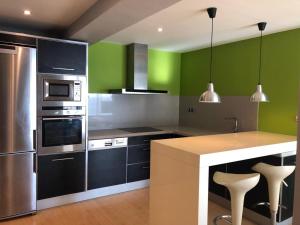 una cocina con electrodomésticos negros y paredes verdes en APARTAMENTO BRUSELAS, en Salou