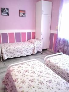 Duas camas num quarto com paredes cor-de-rosa e roxo em Hotel Serenella em Turim