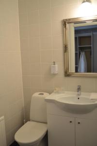 a bathroom with a toilet and a sink and a mirror at Hotell Wettern in Karlsborg