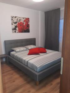 a bed with two red pillows on it in a room at Apartament Mamaia Nord in Mamaia Nord