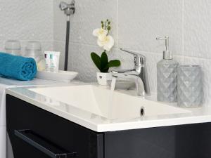 La salle de bains est pourvue d'un lavabo blanc et d'une armoire noire. dans l'établissement Apartment Arya, à Makarska