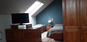 Dormitorio con cama y tocador con TV en Family Hotel Pchelina en Rilski Manastir