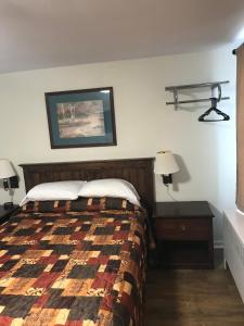 a bedroom with a bed and a table with two lamps at Evergreen Motel in Oswego