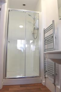a glass shower in a bathroom with a sink at Top Flat in Lincoln