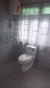 a bathroom with a white toilet and a shower at Vamoose Sinkawli Homestay in Takdāh