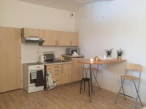 a small kitchen with a stove and a table at Dragonfly in Brno