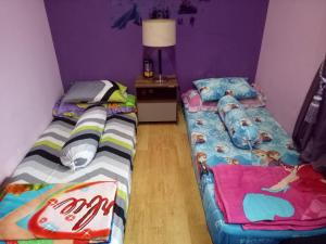 萬隆的住宿－Homestay Syariah Cileunyi, Bandung Timur，紫色墙壁客房的两张床