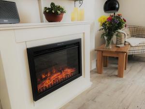 a fireplace with a fire in it in a living room at The King Street Holiday Apartment in Inverness City Centre in Inverness