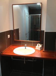 a bathroom with a sink and a large mirror at Apartamentos Rurales La Villa de Piedra in Cartes +55 photos