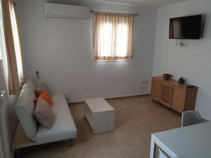 a living room with a couch and a television at Maya Apartments in Dexamenes