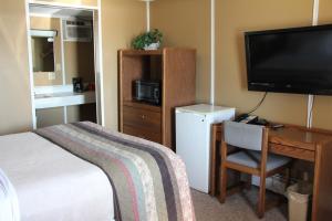 sypialnia z łóżkiem, biurkiem i telewizorem w obiekcie Lakeshor Motor Inn w mieście Virginia