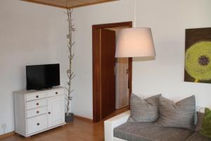 a living room with a couch and a tv at Ferienwohnung mit HERZ in Laufenburg in Laufenburg