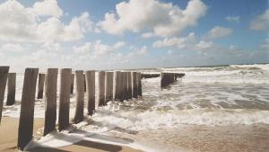 einen hölzernen Pier im Ozean mit Wellen in der Unterkunft vakantiehuisje Cottage in Aagtekerke