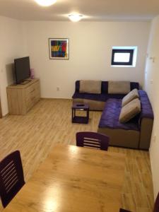 a living room with a couch and a table at Novalja City Central Apartments in Novalja
