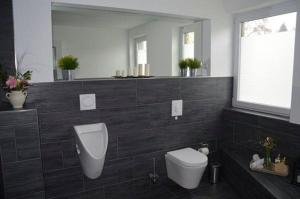 ein Badezimmer mit einem WC, einem Waschbecken und einem Spiegel in der Unterkunft Home Nr.5 in Roßwein