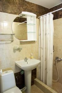 a bathroom with a sink and a toilet and a mirror at Apartments Ivona in Sveti Stefan