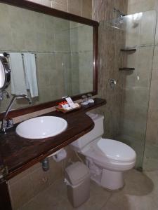uma casa de banho com um lavatório, um WC e um chuveiro em Casa India Catalina em Cartagena das Índias