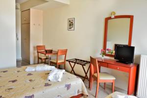 a bedroom with a bed and a desk and a mirror at Evia Studios in Loutra Edipsou