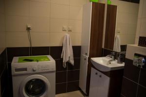 baño pequeño con lavadora y lavamanos en Apartament, en Cracovia