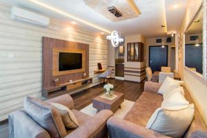 ein Wohnzimmer mit einem Sofa und einem TV in der Unterkunft Apartmani Eleganza & La Vista in Novi Sad