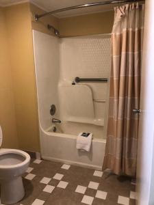 La salle de bains est pourvue d'une baignoire, de toilettes et d'une douche. dans l'établissement Americas Best Inn - Savannah I-95, à Savannah