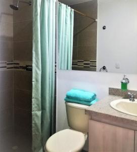y baño con aseo, lavabo y ducha. en Depto Condominio Aqualina, en Girardot
