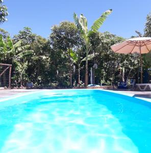 a swimming pool with an umbrella and trees at Jardim da Lagoa Casas de aluguel de temporada in Garopaba