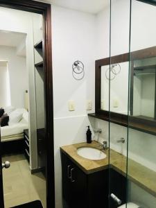 y baño con lavabo y ducha acristalada. en APARTAMENTO AMOBLADO CON EXCELENTE UBICACIÓN, en Bucaramanga