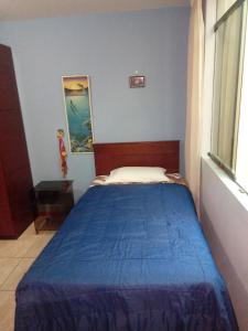 a blue bedroom with a bed with a blue blanket at Apartamento Sotillo in Ilo