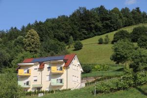 a house with solar panels on the side of a hill at Apartments Veno in Laško