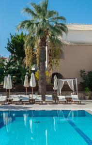 a swimming pool with lounge chairs and a palm tree at Natalie Hotel in Laganas