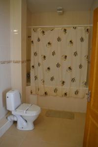 a bathroom with a toilet and a shower curtain at Gostiniy Dvor in Vinnytsya