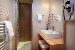 een badkamer met een wastafel en een douche bij Logis Hotel de la Nivelle in Saint-Pée-sur-Nivelle