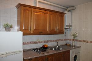 a kitchen with wooden cabinets and a sink at Apartamentos Rurales Rosendo: El Celindo in Capileira