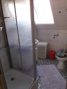 ein Bad mit einer Dusche und einem WC in der Unterkunft Pension-Stürrad in Neuharlingersiel
