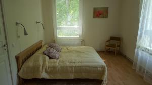 1 dormitorio con 1 cama con 2 almohadas en Ribere Apartment, en Pärnu