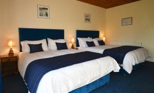 - 2 lits dans une chambre d'hôtel avec 2 lampes dans l'établissement Forge Motel & Firehouse Restaurant, à St Clears
