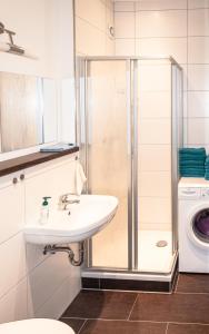 uma casa de banho com um lavatório, um chuveiro e uma máquina de lavar roupa em Tarata Wohnung em Halle an der Saale