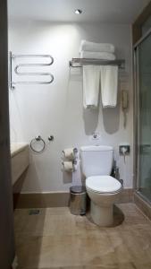 a bathroom with a toilet and a sink and towels at Capsis Bristol Boutique Hotel in Thessaloniki