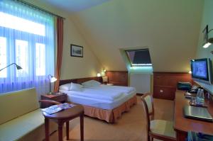 a hotel room with a bed and a desk at Hotel Stefania in Krynica Zdrój