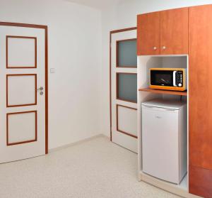 a kitchen with a microwave on top of a refrigerator at Pension Pod věží in Kolín