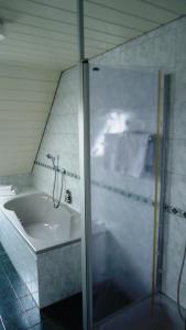 a bathroom with a shower and a sink at Hotel Krone in Niederstotzingen +63 photos