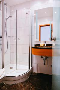 La salle de bains est pourvue d'une douche et d'un lavabo. dans l'établissement Hotel Central, à Weil am Rhein