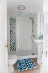 a bathroom with a shower and a toilet and a sink at Spencer House in Sandwich