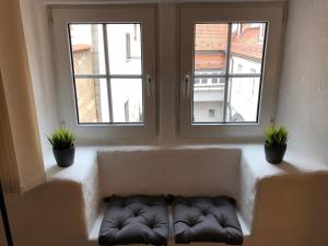 a window seat in a room with two potted plants at Ferienwohnung am Schlössle in Ochsenfurt